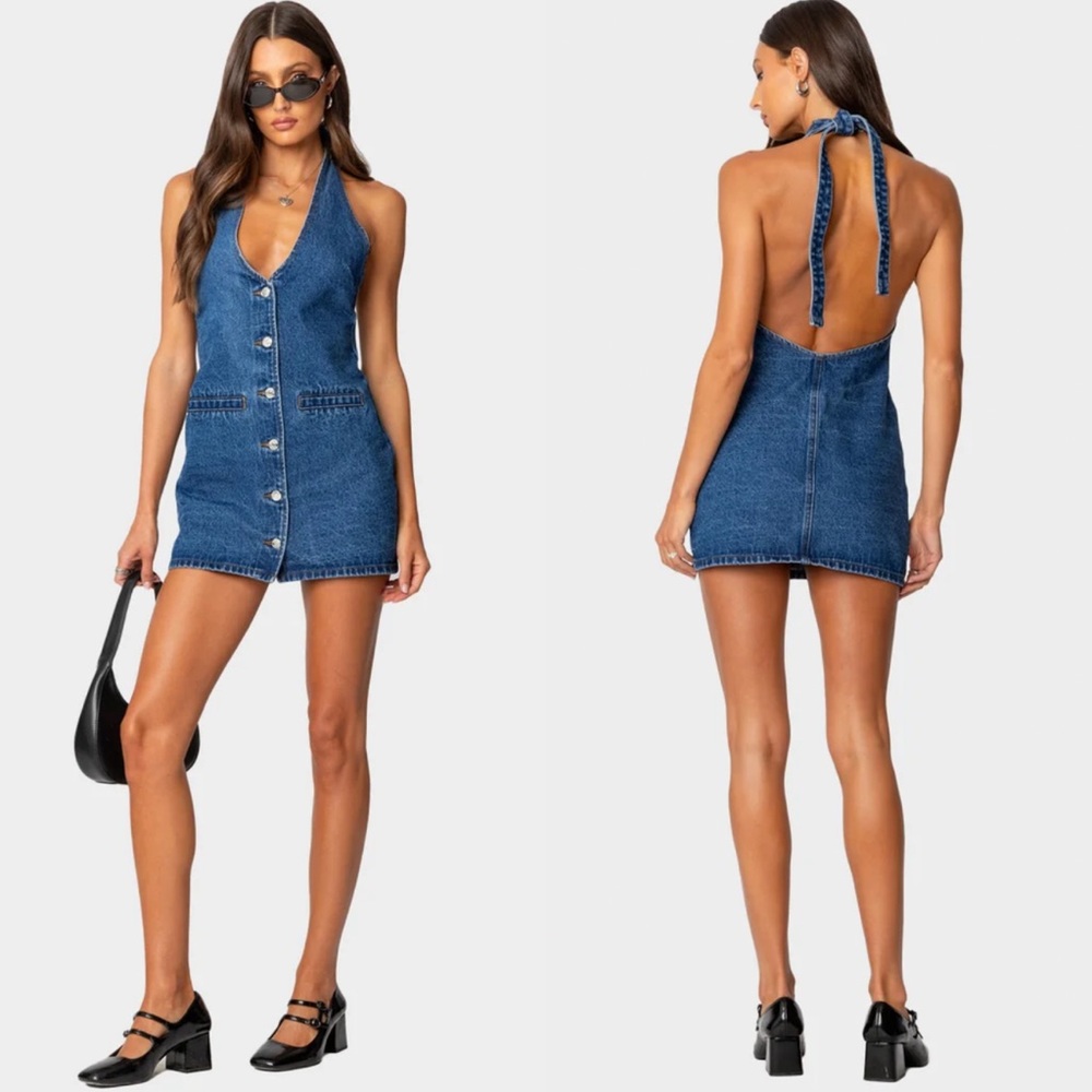 Edikted Denim Blue Backless Halter Dress